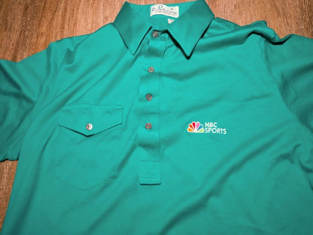 VINTAGE NBC SPORTS TELEVISION STUDIOS MEDIUM GREEN SEWN POLO COLLAR SHIRT
